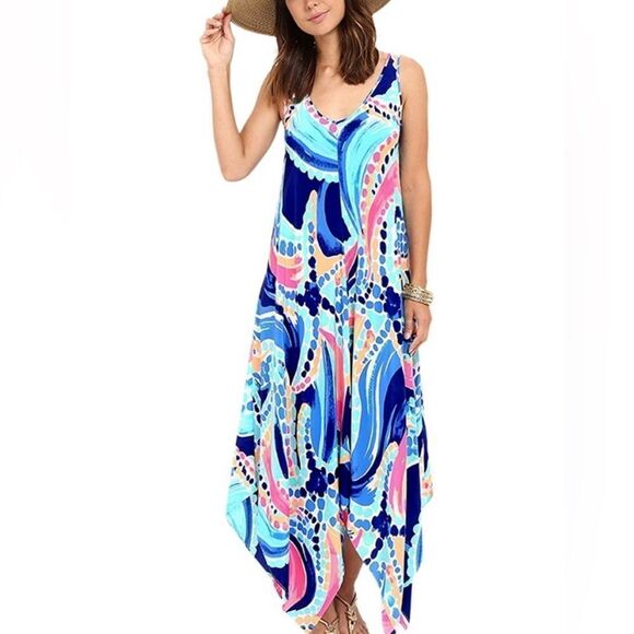 LILLY PULITZER Anise Ocean Jewels Waterfall Double V Silk Maxi Dress Size L - Picture 1 of 13